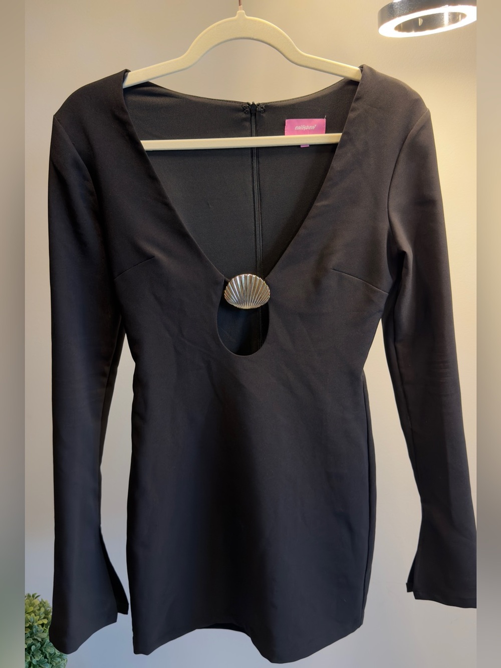 Edikted Black Long-Sleeve V-Neck Mini Dress with Shell Detail